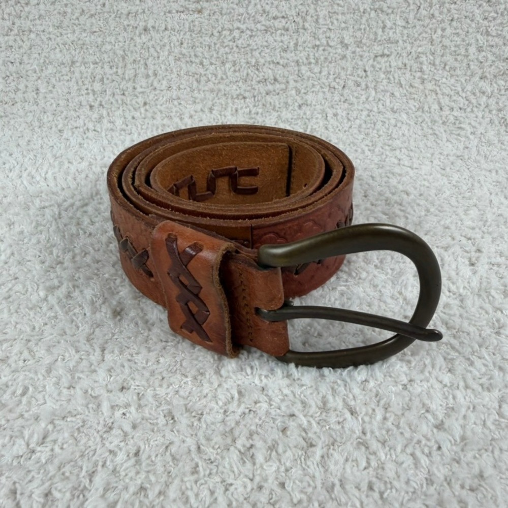 Women Cognac Tooled Leather Whipstitch Floral Embossed Belt Brass Buckle Boho